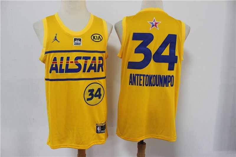Men Milwaukee Bucks 34 Antetokounmpo Yellow NBA 2020-2021 All Star Jersey